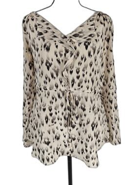 Womens Rebecca Taylor Silk Blouse Beige Black Animal Print